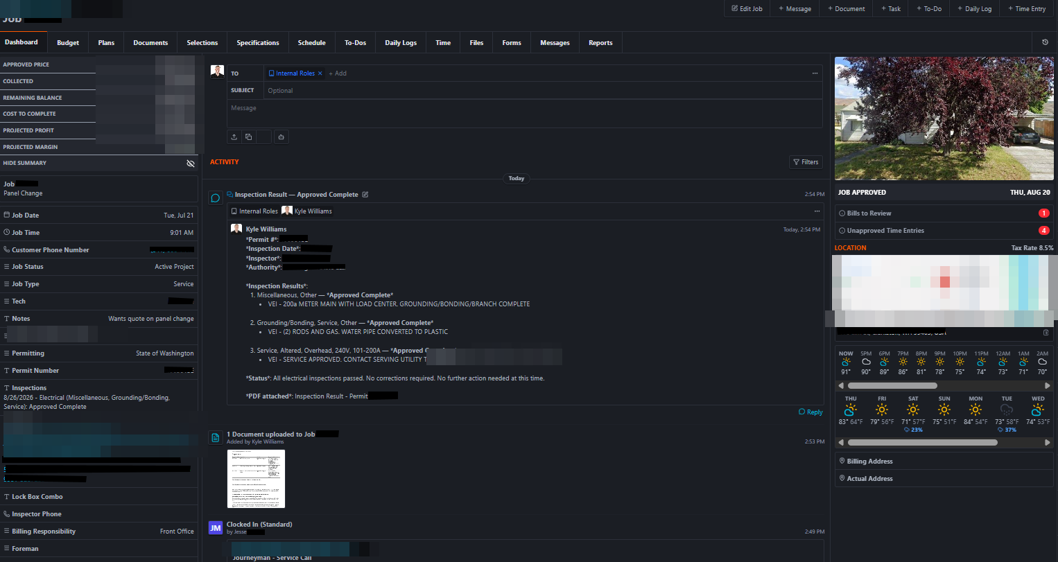 A service job record with the auto-attached Google Street View photo of the job site (customer details redacted).